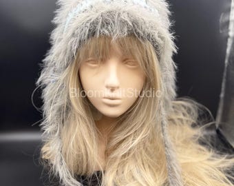 Gorro esponjoso hecho a mano: Gorro de conejito de crochet Y2K Kawaii con orejas, regalo para ella