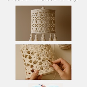 May include: Cream-colored crochet lampshade with a floral pattern and hanging tassels. The top of the lampshade is visible, along with a close-up of the crochet work in progress. Text at the top reads "LAMPSHADE" and "pattern available on etsy".