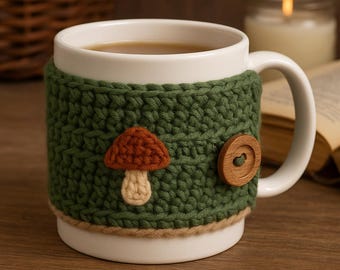 May include: A white ceramic mug with a green crocheted cozy featuring a brown and beige mushroom applique and a wooden button closure. The mug contains a warm beverage. A cozy, rustic theme.