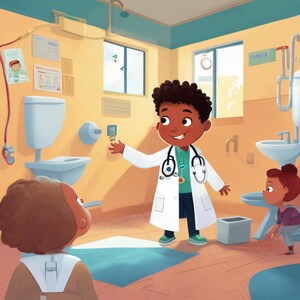 May include: Illustration of a young doctor in a white coat with a stethoscope, showing a medical device to two children in a brightly lit room. The room has a toilet, sink, and other medical equipment.