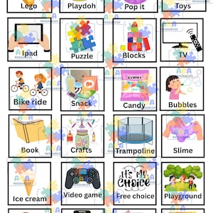 May include: A collection of illustrated cards featuring various activities and objects. Includes Lego blocks, Play-Doh, a Pop It toy, a box of Toys, an iPad, a puzzle, building Blocks, a TV, a Bike ride, a Snack, Candy, Bubbles, a Book, Crafts, a Trampoline, Slime, Ice cream, a Video game, and more.