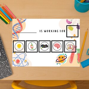 Puede incluir: Una hoja de trabajo con temática científica con la frase "IS WORKING FOR" e iconos relacionados con la ciencia. Los iconos incluyen una bombilla, un microscopio y un cerebro. También se ven lápices de colores, un cuaderno y una regla.