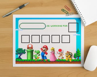 May include: A reward chart with a blue border, featuring characters from the Super Mario video game series. The chart includes the text "IS WORKING FOR" and blank boxes for progress tracking. A pen, paper clips, and a computer mouse are also visible.