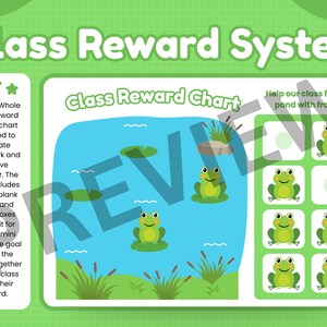 Puede incluir: Un gráfico de recompensas para el aula verde y blanco con el texto "Class Reward System". El gráfico presenta un estanque azul con ranas de dibujos animados y nenúfares. El gráfico está diseñado para motivar el trabajo en equipo y el comportamiento positivo.