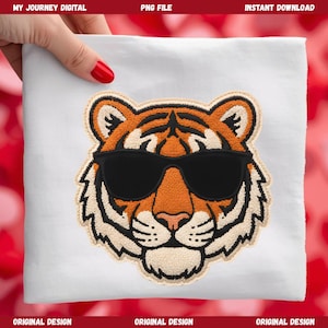 Tigre PNG con gafas de sol / Cabeza de tigre retro / Parche de chenilla / Sublimación (Descarga digital)