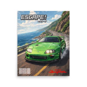 Toyota Supra MK4 Poster – JDM Coastal "ESCAPE" Drift Art, Ocean Waves Style Car Print