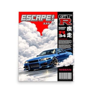 Peut inclure: Une affiche représentant une voiture Nissan GT-R R34 bleue traversant de la fumée. Le mot "ESCAPE!" est en blanc sur fond rouge. Des caractères japonais et les mots "Hashiriya Division" sont également présents.