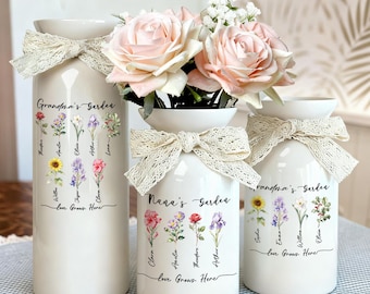 Personalized Grandma's Garden Vase, Custom Birth Flower Vase, Mothers Day Gift for Nana, Gift from Grandkids, Ceramic Flower Pot, Nanny