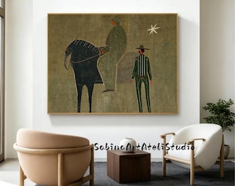 Groot abstract olieverfschilderij van western-cowboy rijpaard met zware textuur