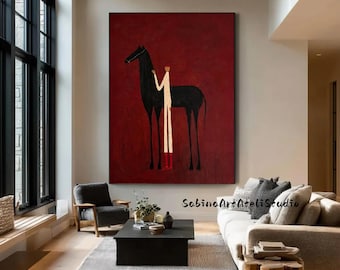 Minimalist Oil Painting: Terracotta Horse Rider, Textured Entryway Wall Art