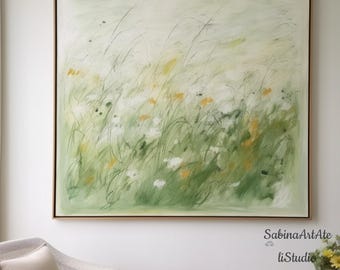Pintura abstracta verde hecha a mano sobre lienzo, arte mural Wabi Sabi