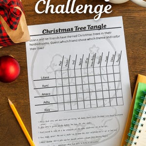 May include: A Christmas-themed game sheet titled "Christmas Tree Tangle" with a grid for matching themes and colors to friends' trees. Includes a pencil, notepad, and a cup of hot chocolate with marshmallows.