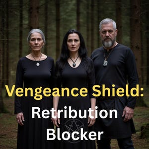 May include: Three individuals in black attire and necklaces stand in a forest setting. The image features the text "Vengeance Shield: Retribution Blocker" in yellow and white. The overall aesthetic is dark and mysterious.