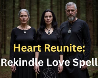Peut inclure: Trois personnes vêtues de noir et portant des colliers se tiennent dans une forêt. Le texte "Heart Reunite: Rekindle Love Spell" est affiché en jaune et blanc. Un symbole de pentagramme est visible sur la robe.