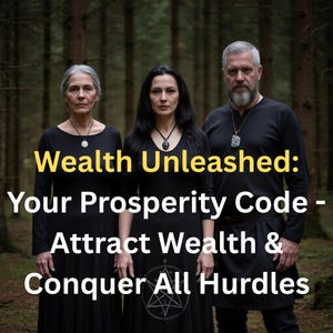 May include: Three people stand in a forest setting, wearing black clothing and necklaces. The text "Wealth Unleashed: Your Prosperity Code - Attract Wealth & Conquer All Hurdles" is displayed in yellow and white text.