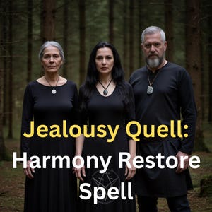 以下が含まれることがあります： 黒い服を着た3人が森の中に立っています。「Jealousy Quell: Harmony Restore Spell」というテキストが表示されています。各人はペンダントネックレスを着用しています。背景は木のぼやけた景色です。