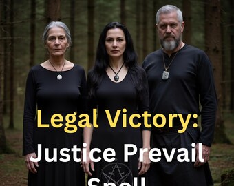 Może przedstawiać: Trzy osoby w czarnych strojach stoją w lesie. Obraz zawiera tekst "Legal Victory: Justice Prevail Spell" w kolorze żółtym i białym oraz symbol. Każda osoba ma naszyjnik.