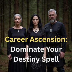 Puede incluir: Tres personas vestidas de negro están en un bosque. La imagen muestra el texto "Career Ascension: Dominate Your Destiny Spell" en amarillo y blanco. Cada persona lleva un colgante.