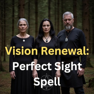 Op de afbeelding: Drie mensen in zwarte kleding en met kettingen staan in een bos. De afbeelding toont de tekst "Vision Renewal: Perfect Sight Spell" in geel en wit, samen met een pentagramsymbool.