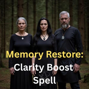 May include: Three people in black attire stand in a forest setting. The image features the text "Memory Restore: Clarity Boost Spell" in yellow and white. Each person wears a pendant necklace. The background is a blurred view of trees.