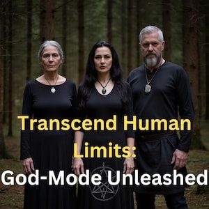 May include: Three individuals in black attire and necklaces pose in a forest setting. The image features the text "Transcend Human Limits: God-Mode Unleashed". The backdrop is a blurred woodland scene.