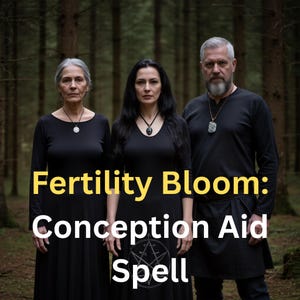 以下が含まれることがあります： 黒い服を着た3人が森の中でポーズをとっています。「Fertility Bloom: Conception Aid Spell」というテキストが黄色と白で表示されています。各人はペンダントネックレスを着用しています。背景はぼやけた森です。