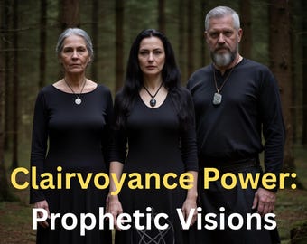 May include: Three people in black attire stand in a forest setting. Each wears a pendant necklace. The text "Clairvoyance Power: Prophetic Visions" is displayed in yellow and white text at the bottom of the image.