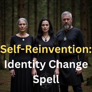 May include: Three people stand in a forest setting, wearing black clothing and necklaces. The image has text that reads "Self-Reinvention: Identity Change Spell". The background is a blurred forest.