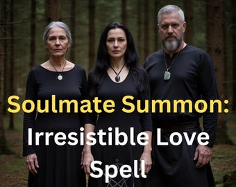 Puede incluir: Tres personas vestidas de negro están en un bosque. La imagen incluye el texto "Soulmate Summon: Irresistible Love Spell". Cada persona lleva un collar con colgante. El fondo es una vista borrosa de árboles.