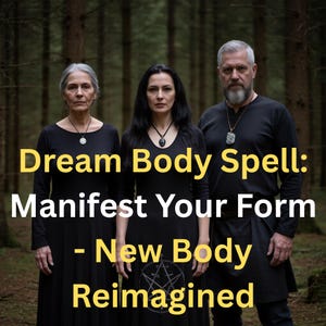 May include: Three people in black clothing stand in a forest setting. The text "Dream Body Spell: Manifest Your Form - New Body Reimagined" is overlaid in yellow. Each person wears a pendant necklace.