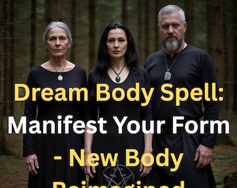 Può includere: Tre persone vestite di nero sono in una foresta. Il testo "Dream Body Spell: Manifest Your Form - New Body Reimagined" è sovrapposto in giallo. Ogni persona indossa una collana con ciondolo.