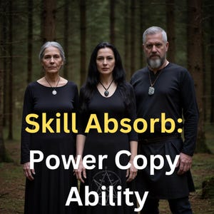 Puede incluir: Tres personas vestidas de negro, con collares, posan en un bosque. El texto "Skill Absorb: Power Copy Ability" se muestra en amarillo. El fondo es una vista borrosa de árboles, creando un ambiente misterioso.