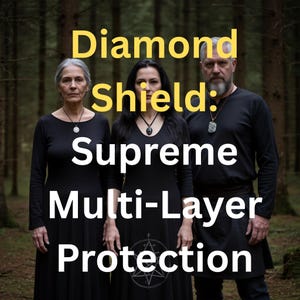May include: Three individuals wearing black long-sleeved clothing and necklaces stand in a forest. The text Diamond Shield: Supreme Multi-Layer Protection is overlaid in yellow and white. Each person wears a distinct pendant on a cord necklace.