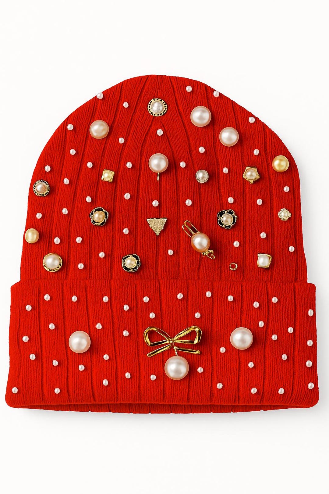 Handmade Red Knit Beanie | Pearl & Gold Charm Embellished - Etsy display picture 1