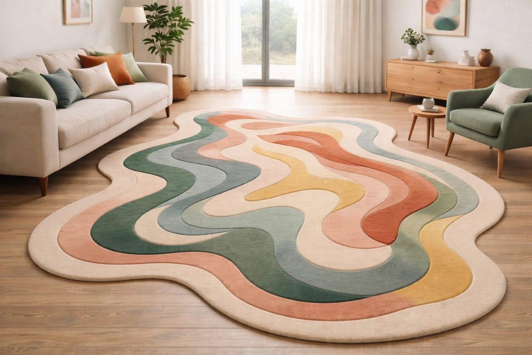 Handmade-tufted Wool Abstract Wave Rug, Organic Fluid Shape, Sage ...