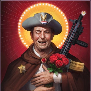 May include: A man wearing a cowboy hat and a brown cape holds a bouquet of red roses and a black rifle. He is wearing a badge that says "POTUS" and a gold watch. The background is red with a halo of white stars.
