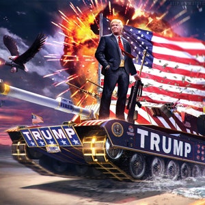 May include: A digital illustration of a man standing on a tank with the words "Trump" on the side. The tank is driving through water and there are fireworks in the background. The man is holding a rifle and wearing a suit and tie. The American flag is in the background.