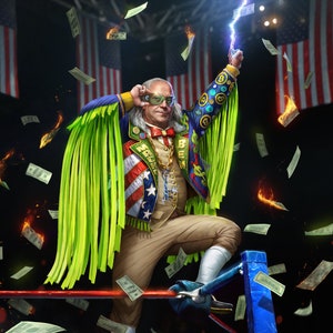 May include: A man wearing a green, blue, and red patterned jacket with a gold chain and a lightning bolt in his hand stands in a wrestling ring. He is wearing a white shirt, brown pants, and white socks. Money is falling from the sky.