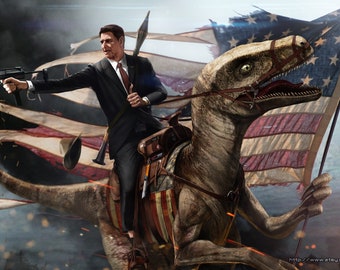 Poster - Ronald Reagan Riding a Raptor - Epic American President Art by Jason Heuser (Sharpwriter)