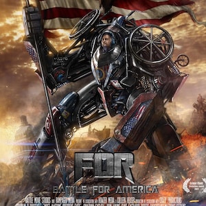 FDR in Transformers-inspired mechsuit, holding American flag, movie poster artwork