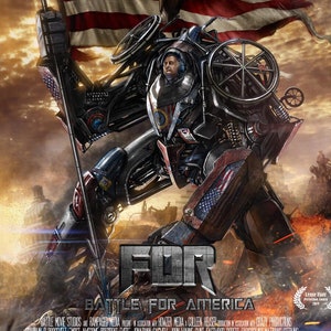 May include: A movie poster for a film titled "FDR: Battle for America". The poster features a robot with a large American flag draped over its arm. The robot's head is a portrait of Franklin Delano Roosevelt. The poster has a tagline that reads "Offering you a new deal, you can't refuse".