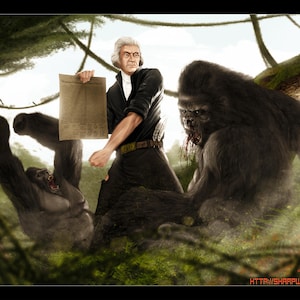 May include: A man in a dark suit and tie holds a document while standing in a jungle setting. He is surrounded by two large gorillas, one of which is attacking him. The scene is reminiscent of a classic monster movie.