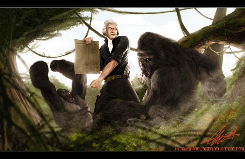 Funny poster depicting Thomas Jefferson punching a gorilla with the Constitution