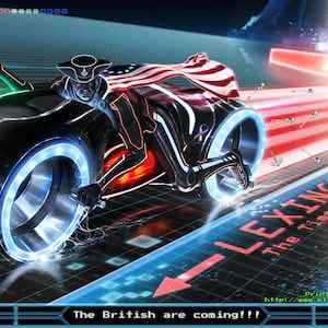 May include: A digital illustration of a futuristic motorcycle with a rider wearing a tri-cornered hat and an American flag cape. The motorcycle is speeding down a digital highway with the words "LEXINGTON" and "The Time is: 1" on the road. The text "The British are coming!!!" is at the bottom of the image.