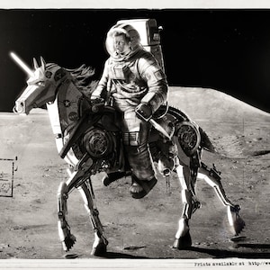 May include: A black and white photo of an astronaut riding a mechanical unicorn on the moon. The astronaut is wearing a spacesuit and a helmet. The unicorn has a laser beam coming out of its horn. The moon is in the background. The image is marked "CLASSIFIED" and "CONFIDENTIAL".