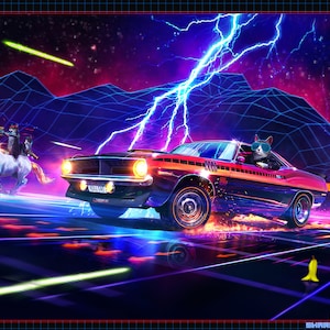 May include: A retro-style illustration of a cat driving a black and red muscle car with lightning bolts in the background. The cat is wearing sunglasses and a black leather jacket. A second cat is riding a unicorn in the foreground.
