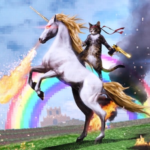 May include: A white unicorn with a gold horn and red eyes is breathing fire. A tabby cat wearing a red bandana and holding a gun is riding the unicorn. The unicorn is running through a field with a rainbow in the background.