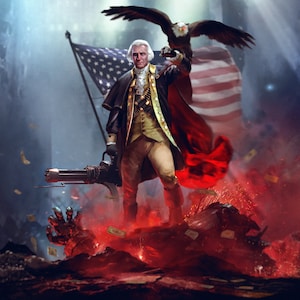 May include: A digital illustration of a man in a yellow and red costume holding a large machine gun and an American flag. He is standing on a pile of debris with a bald eagle perched on his shoulder. The background is a cityscape with smoke and fire.