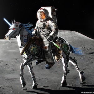 May include: An astronaut riding a robotic unicorn on the moon. The unicorn is white with blue hair and has a glowing horn. The astronaut is wearing a white spacesuit with a blue stripe. The moon is gray and has craters. The Earth is visible in the background.