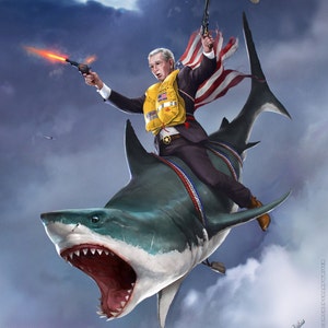 Funny political poster - George W. Bush riding a shark in the sky - Jason Heuser design